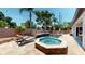 A backyard swimming pool and spa are surrounded by palm trees and a stone deck, creating a tropical oasis at 6198 Linneal Beach Dr, Apopka, FL 32703