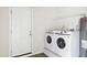 Functional laundry room with modern washer and dryer, water heater, and access door at 1750 Mitten Ter, Deltona, FL 32738