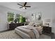 A bright bedroom featuring two windows, ceiling fan, and neutral decor at 2914 Scarlett Dr, St Cloud, FL 34772