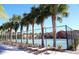 View of a tennis court and surrounding lounge chairs bordered by palm trees at 2928 Buccaneer Palm Rd, Kissimmee, FL 34747