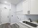 Laundry room with utility sink, stone countertop, white cabinets, and a door to the outside at 331 Erie Ct, Kissimmee, FL 34759