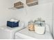 Bright laundry area featuring white appliances, storage shelf, and stylish decorative containers at 483 Wayland Dr, Haines City, FL 33844