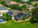 Aerial view of home showing solar panels and screened in pool in a green, lush backyard at 641 Lakescape Ct, Orlando, FL 32828