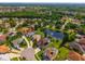 Overhead shot of homes near a pond with solar panels, backyard pools, and well-manicured lawns at 641 Lakescape Ct, Orlando, FL 32828