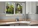 A kitchen sink with a window that looks out on palm trees and white cabinets at 641 Lakescape Ct, Orlando, FL 32828