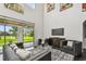 Bright living room featuring modern furnishings, an entertainment center, and a sliding glass door to the backyard at 811 Sherbourne Cir, Lake Mary, FL 32746