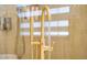 Close-up of gold bathroom fixture with running water and tiled shower surround at 11721 Camden Park Dr, Windermere, FL 34786