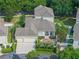Aerial view of home with a two-car garage, screened-in patio, and patio with tiki umbrella at 1438 Stickley Ave, Celebration, FL 34747