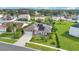 Aerial view of a single-Gathering home with solar panels and lush landscaping in a residential neighborhood at 5203 Jasmine Trace Ln, Kissimmee, FL 34758