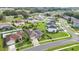 An aerial view shows a single Gathering home featuring lush green lawns, modern solar panels, and a neighborhood setting at 5203 Jasmine Trace Ln, Kissimmee, FL 34758