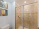 Bathroom shower stall with glass door and tiled surround next to toilet and modern wall art at 2923 Banana Palm Dr, Kissimmee, FL 34747