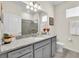 Bathroom featuring a vanity, granite countertop, gray cabinets, toilet and shower at 3082 Mahalo Dr, Davenport, FL 33897