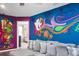 Bright and colorful living room with unique cartoon artwork and cozy sectional seating at 3082 Mahalo Dr, Davenport, FL 33897