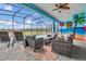 Screened-in patio with cozy seating, ceiling fan, and a pool view; perfect for outdoor living and relaxation at 3082 Mahalo Dr, Davenport, FL 33897