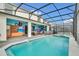 Backyard features a screened pool and spa next to a covered outdoor kitchen and seating area with a tropical mural at 3082 Mahalo Dr, Davenport, FL 33897