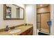 Granite countertop and tiled walk-in shower in this well-lit bathroom at 7411 Excitement Dr, Reunion, FL 34747