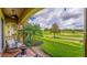 View from covered patio showing chairs and the lush green lawn at 7411 Excitement Dr, Reunion, FL 34747