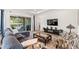 Bright living room boasts sliding glass doors, a comfortable sofa, and stylish decor with a view to the pool at 14880 Ellingsworth Ln, Winter Garden, FL 34787