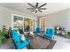 Covered patio featuring comfortable seating, ceiling fan, potted plants, and access to the backyard at 14880 Ellingsworth Ln, Winter Garden, FL 34787