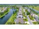 Aerial view showcasing homes with pools, solar panels, and waterfront access along a canal at 2135 Springwater Ln, Port Orange, FL 32128