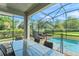 Beautiful covered patio with ample seating overlooking a screened pool at 235 Aidans Lndg, Haines City, FL 33844