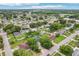 This aerial view shows a residential neighborhood featuring mature trees, backyard pools, and convenient access to roads at 7124 Turquoise Ln, Orlando, FL 32807