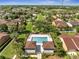 Aerial shot of the community pool, with seating, surrounded by lush landscaping and residential homes at 921 Costa Mesa Ln, Kissimmee, FL 34744
