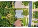 Overhead shot displays the property boundaries and adjacent homes in a green, leafy neighborhood at 1124 Hidden Blf, Clermont, FL 34711