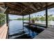 Covered dock area with seating for enjoying waterfront views, nature, and wildlife at 20 Twelve Oaks Trl, Ormond Beach, FL 32174