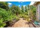 Lush backyard with brick-paved patio, bench seating, and colorful, mature landscaping creating a peaceful retreat at 614 Lake Ave, Orlando, FL 32801