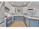 Kitchen features white countertops, stainless steel appliances, and bright white and blue cabinets at 104 Nautica Mile Dr, Clermont, FL 34711
