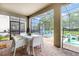 Covered patio featuring a dining table and chairs, with a view of the pool and landscaped backyard at 1403 Rolling Fairway Dr, Davenport, FL 33896