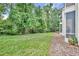 Landscaped backyard with a grassy area, mulch path, and views of the surrounding trees at 141 Reserve Cir # 113, Oviedo, FL 32765