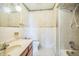 Cozy tiled bathroom featuring a toilet, shower, sink, and decorative wallpaper border at 1601 Randolph St, Deltona, FL 32725