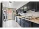 A functional kitchen with dark cabinetry, stainless steel appliances and access to the backyard at 229 Bitterwood St, Winter Springs, FL 32708
