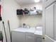 Bright laundry room with washer, dryer, wire shelving, and cleaning supplies at 4611 Cumbrian Lakes Dr, Kissimmee, FL 34746