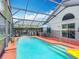 View of screened pool area with waterfall feature, and patio furniture and blue patio umbrella at 4611 Cumbrian Lakes Dr, Kissimmee, FL 34746