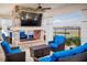 Relaxing outdoor patio with a stone fireplace, comfortable seating, and views of the lake at 5081 Twin Lakes Blvd, St Cloud, FL 34772