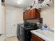 Laundry room featuring black washer and dryer, sink, and cabinets at 6234 Tremayne Dr, Mount Dora, FL 32757