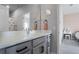 En suite bathroom with a large mirror, gray vanity, neutral paint, and a rainbow shower curtain at 13194 Magnolia Valley Dr, Clermont, FL 34711
