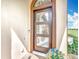 Charming front door with decorative glass panels, set against a stucco exterior and bright flower arrangement at 16246 Ravenna Ct, Montverde, FL 34756