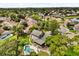 Aerial view of home featuring backyard pool, screened patio, landscaped yard, and views of the neighborhood and surrounding area at 359 Westwind Ct, Lake Mary, FL 32746