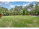 Large grassy backyard bordered by a wooden fence, mature trees, and an outbuilding at 7205 June Bug Ln, Orlando, FL 32818
