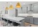 Modern kitchen features gray cabinetry, stainless steel appliances, an island with seating and stylish gold pendant lighting at 13227 Spring Grove Way, Winter Garden, FL 34787