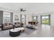 Open-concept living and dining area with stylish furnishings, tile floors, and a view of the backyard through sliding glass doors at 2431 Tudor Rose Dr, Sanford, FL 32773