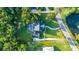 Overhead view of the property showcases the backyard pool and well-kept lawn bordering a quiet street at 2487 River Tree Cir, Sanford, FL 32771
