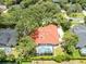 Aerial view of the home showcasing the tile roof, screened pool, mature trees, and surrounding neighborhood at 718 Glen Eagle Dr, Winter Springs, FL 32708