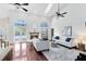Bright living room features high ceilings, fireplace, hardwood floors and access to the pool at 718 Glen Eagle Dr, Winter Springs, FL 32708