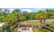 Backyard view of a fire pit, fence, lush green landscape, and clear blue skies at 796 Desert Mountain Ct, Reunion, FL 34747