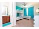 This colorful bedroom features a bunk bed, a twin size bed, and an attached bathroom at 1625 Nassau Point Trl, Kissimmee, FL 34747